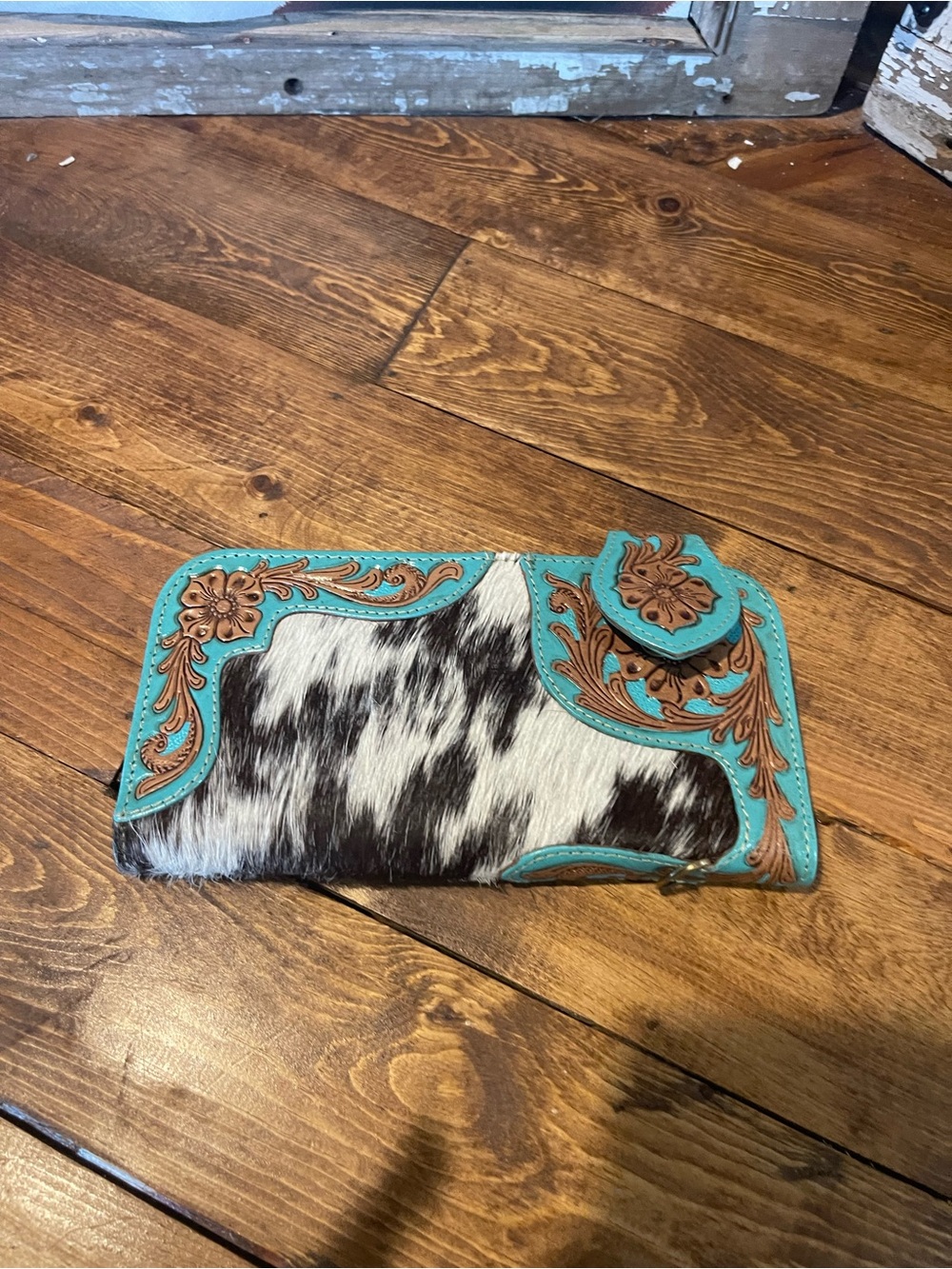 Cowhide Wallet with Turquoise Tooled Trim